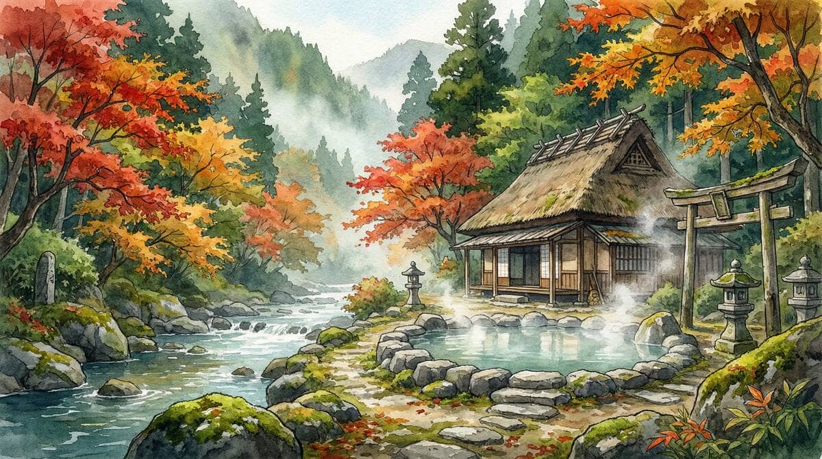 栃木の穴場温泉 - 渓谷沿いの茅葺き屋根の古民家と紅葉に囲まれた露天風呂の風景