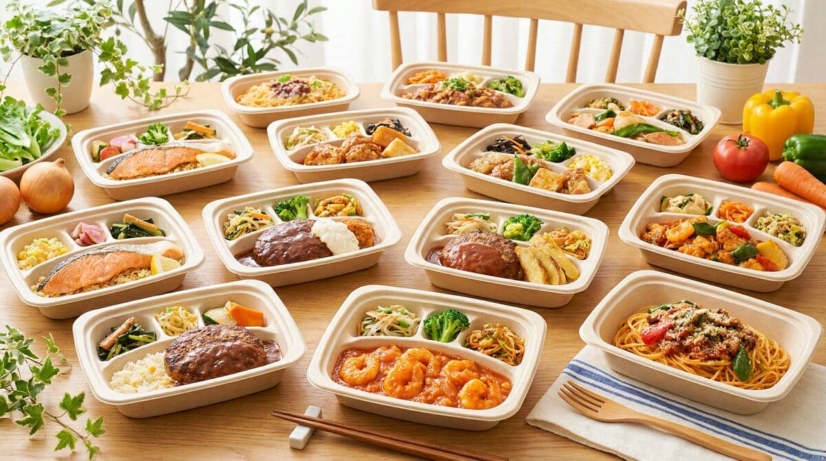 nosh(ナッシュ)の豊富なメニューを表現した画像。和食、洋食、中華など多様な料理が美しく盛り付けられた冷凍弁当が並んでいる。