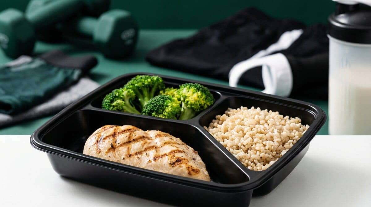 Muscle Deli(マッスルデリ)の高タンパク質弁当。鶏胸肉、ブロッコリー、玄米が美しく盛り付けられ、ボディメイクに最適な栄養バランスを示している。