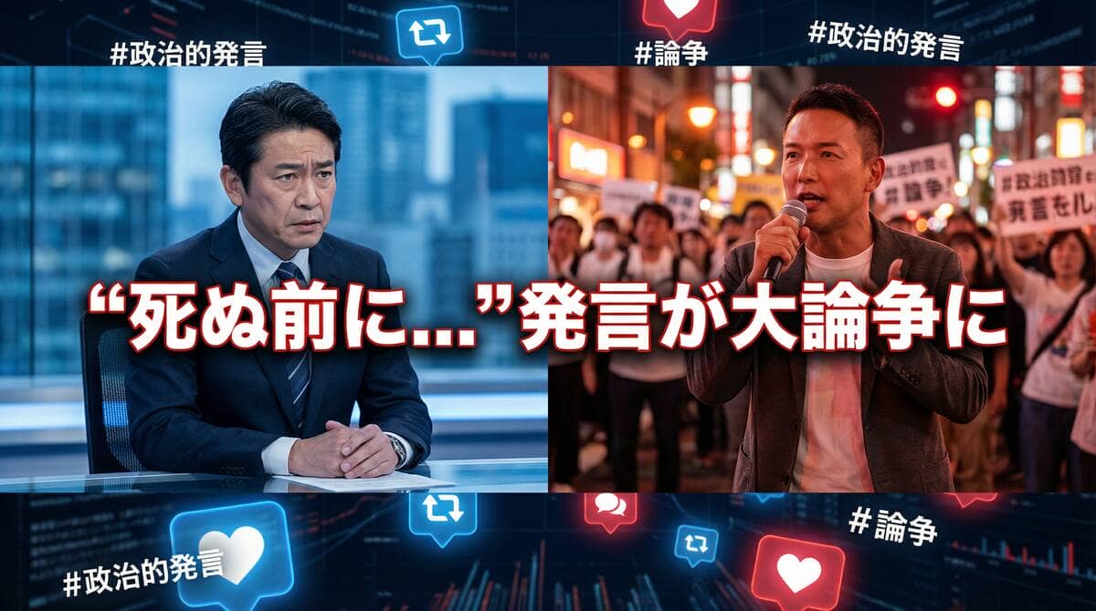 岸博幸氏と山本太郎氏の「死ぬ前に」発言を巡るSNS論争のイメージ