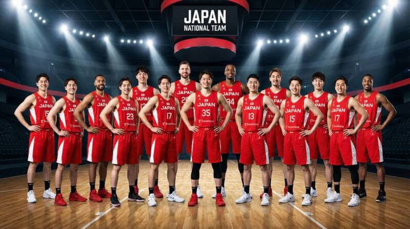 バスケ日本代表メンバー15名が赤白のユニフォームで並ぶ集合写真