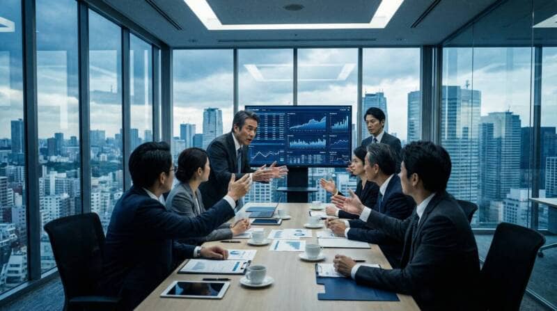テレビ局の会議室でビジネス交渉が行われる様子を表現したプロフェッショナルなイメージ