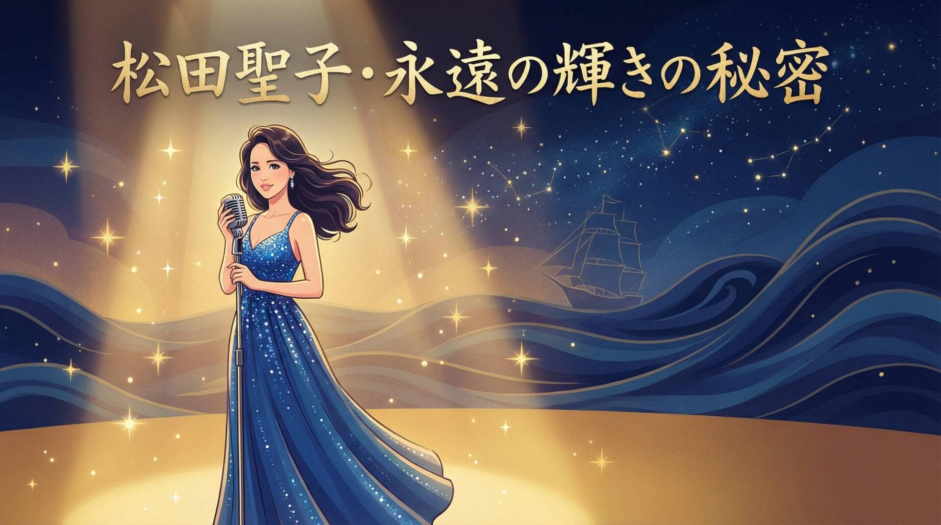 松田聖子・永遠の輝きの秘密 - 青いドレスとマイクのイラスト