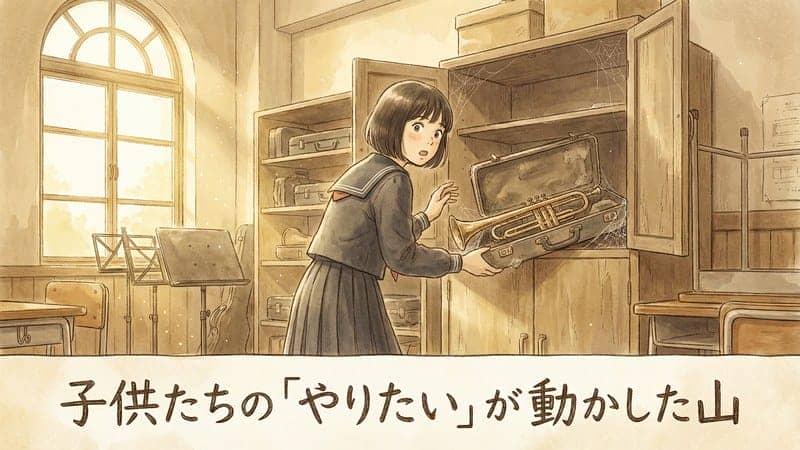 古い戸棚からトランペットを見つけ出す女子生徒のイラスト