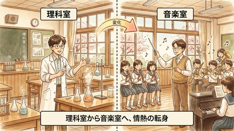 理科の教師から音楽の教師へ転身したことを示すイラスト