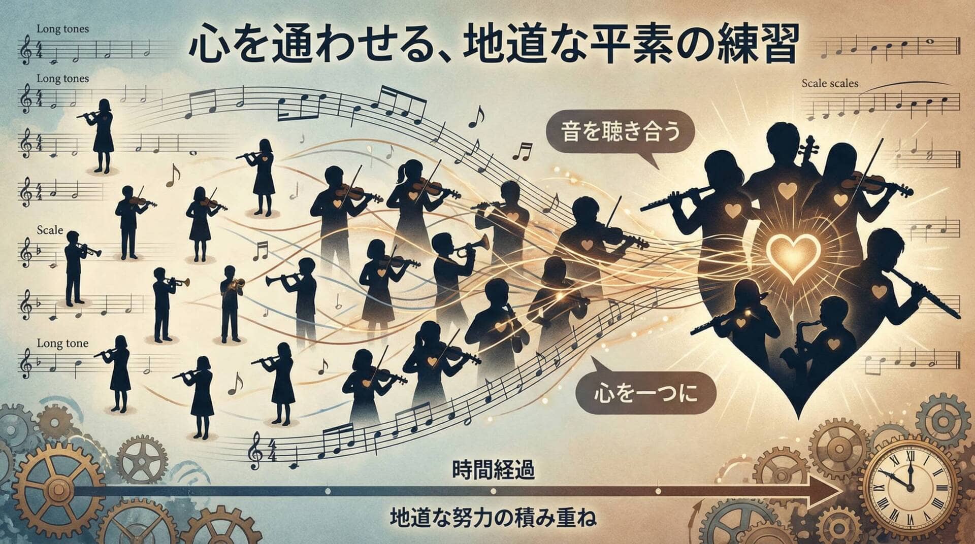ロングトーンやスケール練習で心を合わせる部員たちのイラスト
