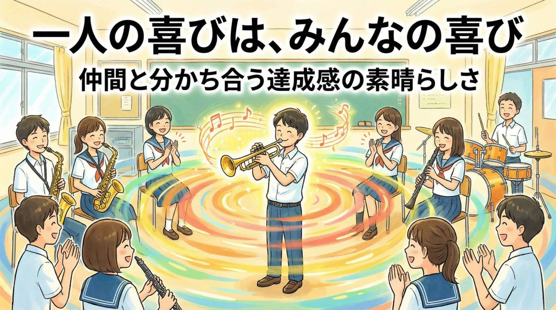 仲間の成功を自分のことのように喜ぶ吹奏楽部のイラスト