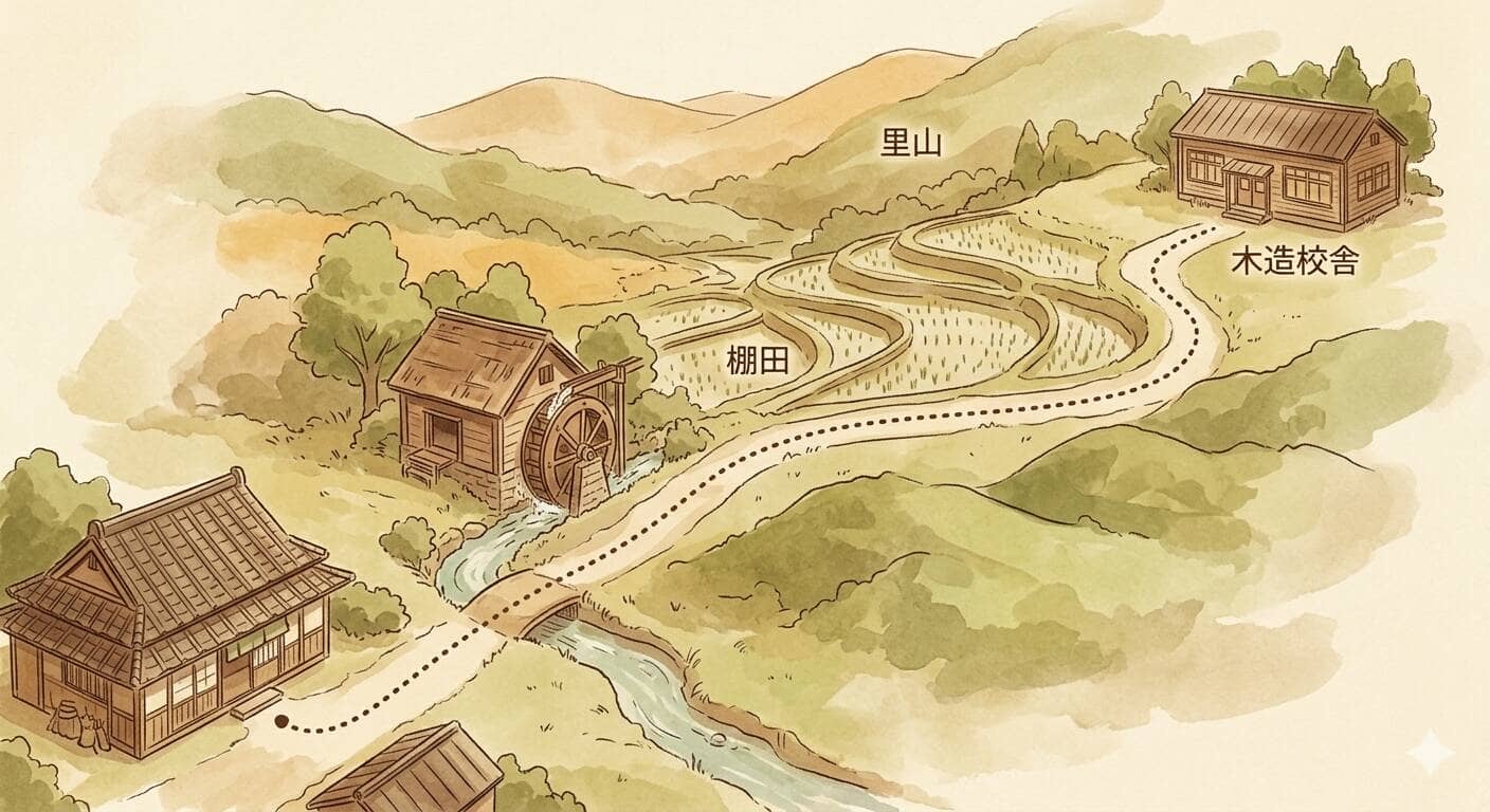水車小屋の小径から棚田・里山を抜けて校舎へ続く、生駒の通学路を描いた思い出マップ風イラスト