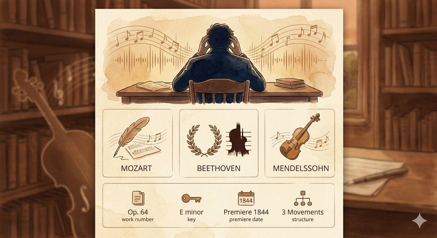 書斎に流れた三人の作曲家(モーツァルト・ベートーヴェン・メンデルスゾーン)と、メンコンの基本情報を整理した図解カード